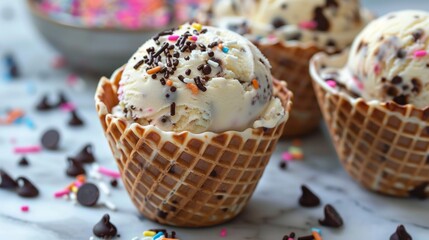 Wall Mural - A closeup of vanilla ice cream in waffle cones, with sprinkles and chocolate chips