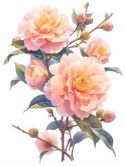 Sticker - Camellia flower, drawn by watercolor paints, bright colors, rough 2D animation, children's book illustration, isolated on white background