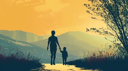 Wall Mural - A tranquil lakeside walk at sunset with a parent and child