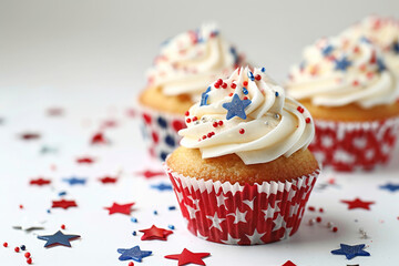 Sticker - Festive Independence Day cupcakes decorated with stars and stripes, isolated on white with top half empty for text 