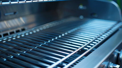 Stainless steel barbeque grill, close-up, with focus on the grill surface, soft blue gradient background 