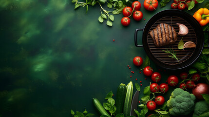 Wall Mural - Top-down view of minimalist barbeque with assorted vegetables, soft green gradient background 