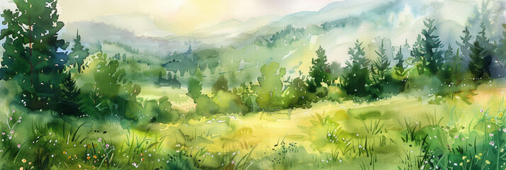 Wall Mural - watercolor lush green meadows 