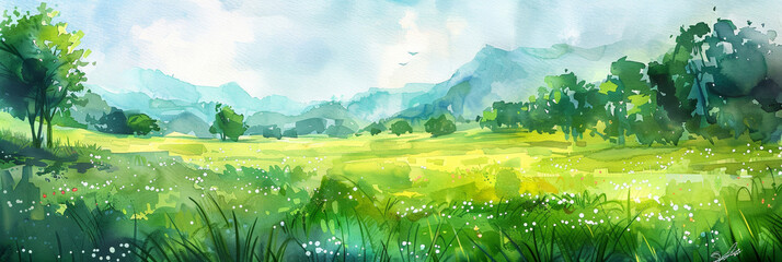 Wall Mural - watercolor lush green meadows 