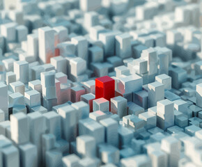 a red object is in the middle of a group of white cubes