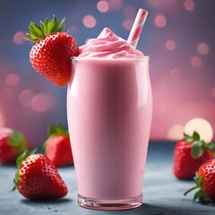 Poster - AI generated illustration of a close-up of a strawberry smoothie and fresh strawberries on a table