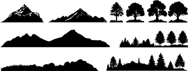 Wall Mural - 	
Set Vektor Natur Silhouetten - Berge, Bäume, Gebirge und Gletscher - Design Elemente - Gebirgszüge, Hügel und Wälder