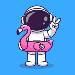 Wall Mural - Cute Astronaut Wearing Flamingo Tires And Peace Sign 
Cartoon Vector Icon Illustration. Science Holiday Icon 
Concept Isolated Premium Vector. Flat Cartoon Style