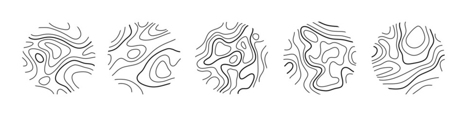 Circular wood rings or topographic map lines texture set. Wood tree topographic abstract lines collection flat style design vector illustration contour isolated pattern design.