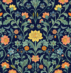 Wall Mural - a blue and orange floral pattern with leaves and flowers