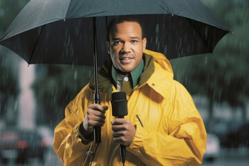 portrait of a news reporter wearing a raincoat and holding an umbrella and a microphone