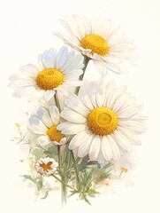 Sticker - daisy, drawn by watercolor paint, bright colors, rough 2D animation, children's book illustration, isolated on white background