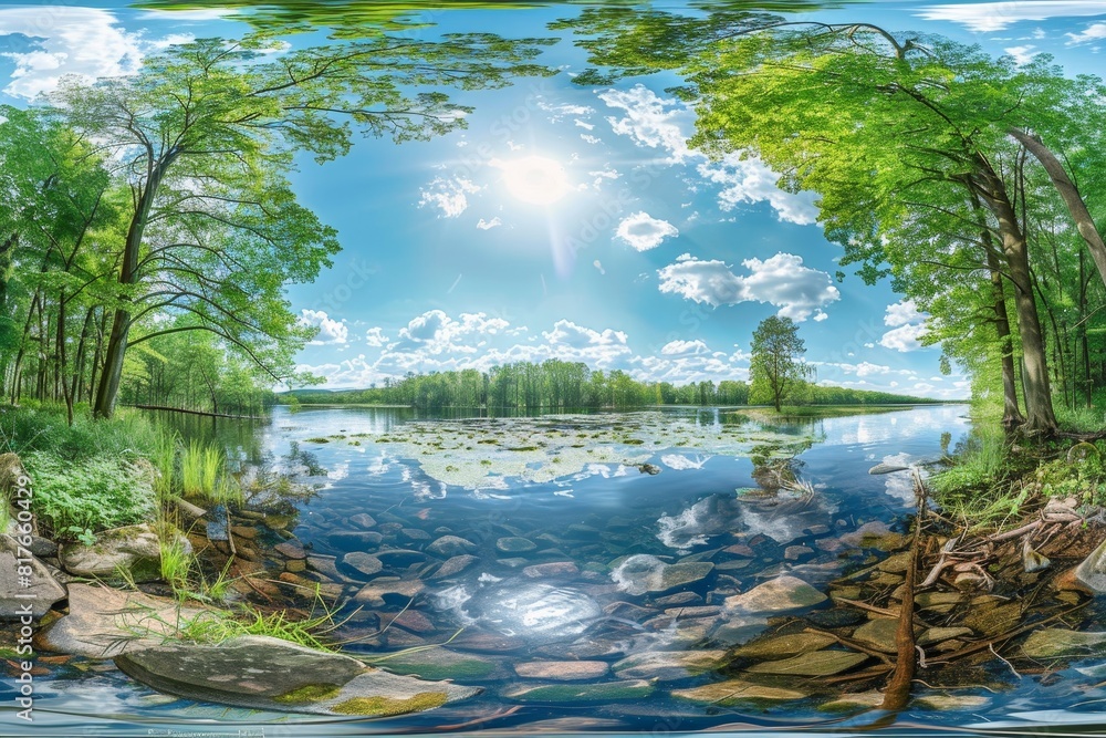 360 degree HDRI panorama on the edge of a river in a sunny deciduous ...