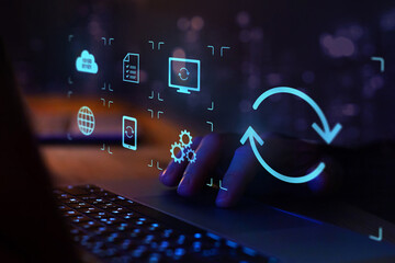 update or synchronization concept, software upgrade icon on virtual screen