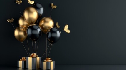 Wall Mural - Elegant Black Gold Gift Box with Balloons and Ribbon on Black Background
