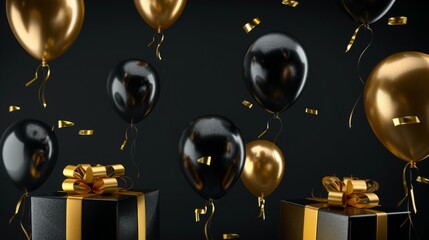 Wall Mural - Elegant Black Gold Gift Box with Balloons and Ribbon on Black Background