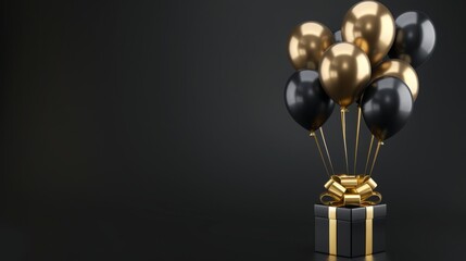 Wall Mural - Elegant Black Gold Gift Box with Balloons and Ribbon on Black Background