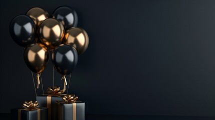 Wall Mural - Elegant Black Gold Gift Box with Balloons and Ribbon on Black Background