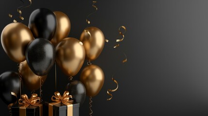Wall Mural - Elegant Black Gold Gift Box with Balloons and Ribbon on Black Background