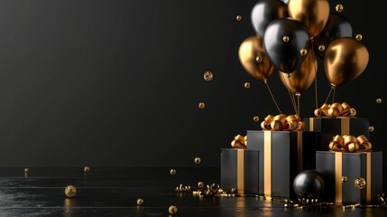 Wall Mural - Elegant Black Gold Gift Box with Balloons and Ribbon on Black Background