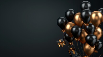 Wall Mural - Elegant Black Gold Gift Box with Balloons and Ribbon on Black Background