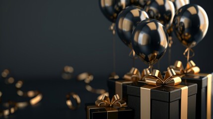 Wall Mural - Elegant Black Gold Gift Box with Balloons and Ribbon on Black Background