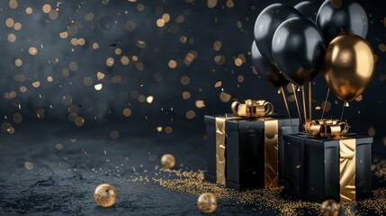 Wall Mural - Elegant Black Gold Gift Box with Balloons and Ribbon on Black Background