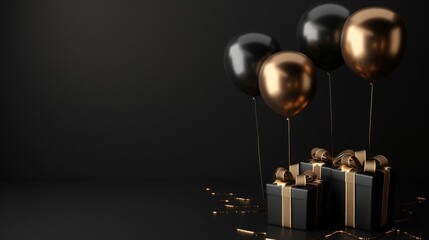 Wall Mural - Elegant Black Gold Gift Box with Balloons and Ribbon on Black Background