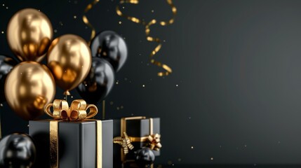 Wall Mural - Elegant Black Gold Gift Box with Balloons and Ribbon on Black Background