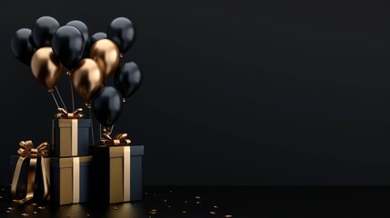 Wall Mural - Elegant Black Gold Gift Box with Balloons and Ribbon on Black Background