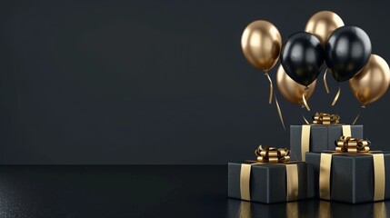 Wall Mural - Elegant Black Gold Gift Box with Balloons and Ribbon on Black Background