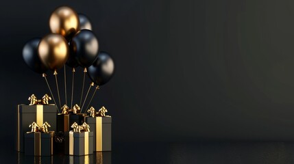 Wall Mural - Elegant Black Gold Gift Box with Balloons and Ribbon on Black Background