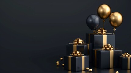 Wall Mural - Elegant Black Gold Gift Box with Balloons and Ribbon on Black Background
