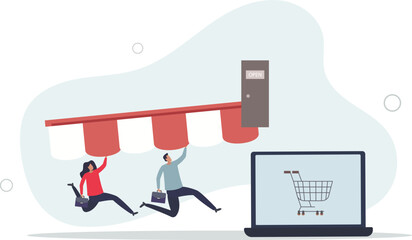 Wall Mural - business people shop owner building new website on laptop computer.flat vector illustration.