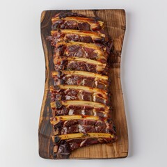 Wall Mural - Acorn-fed Iberico pork ribs arranged on a rustic wooden cutting board