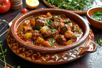 Wall Mural - Andalusian meat stew served in ceramic plate