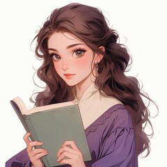 Canvas Print - illustration a lady portrait, reading , brown hair, big eyes, purple clothes and matching color book, white isolated background