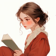 Canvas Print - illustration a lady portrait, reading , brown hair, big eyes, red clothes, white isolated background