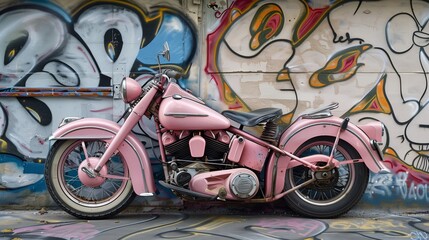 Pale pink vintage motorcycle against a graffiti wall, copy space for text on the left.
