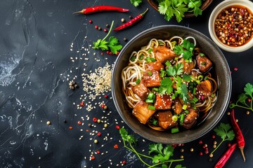 Poster - Asian beef noodle topped with herbs and natural ingredients viewed from above