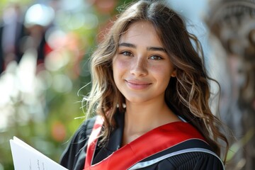 Wall Mural - A woman wearing a red and black graduation gown is smiling