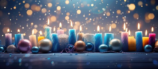 Aufkleber - Happy birthday greetings for a 13 year old featuring lit candles and festive decorations on a beautiful blue background Copy space image