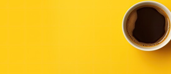 Aufkleber - Top view of aromatic coffee in a cup placed on a yellow background with ample space for text in the image
