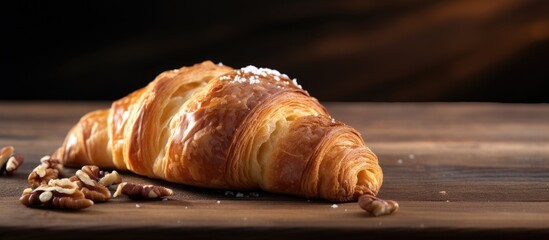 Poster - A walnut croissant is placed on a wooden table in a homemade bakery The background is black providing a perfect copy space image