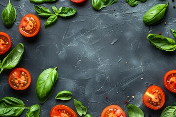 Canvas Print - Tomatoes Banner, red tomato and basil, AI generated