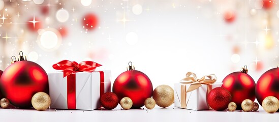 Aufkleber - Copy space image of Christmas background featuring confetti red gift boxes and Christmas balls displayed on a white wooden board