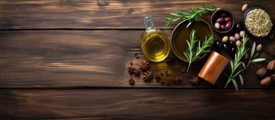 Poster - A top view of cooking utensils and olive oil on a wooden table providing ample space for additional content or images