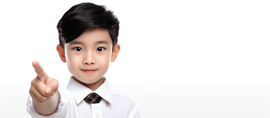 Poster - A charming young boy from Asia can be seen pointing at something in this isolated image with a white background. Creative banner. Copyspace image