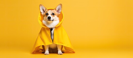 Canvas Print - Corgi dog in a Halloween costume posing against a bright yellow background with plenty of empty space for additional images