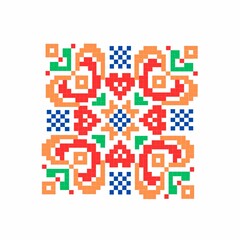 This image is a colorful, pixelated geometric pattern featuring a symmetrical design with red, orange, green, and blue elements arranged in a balanced and intricate layout.